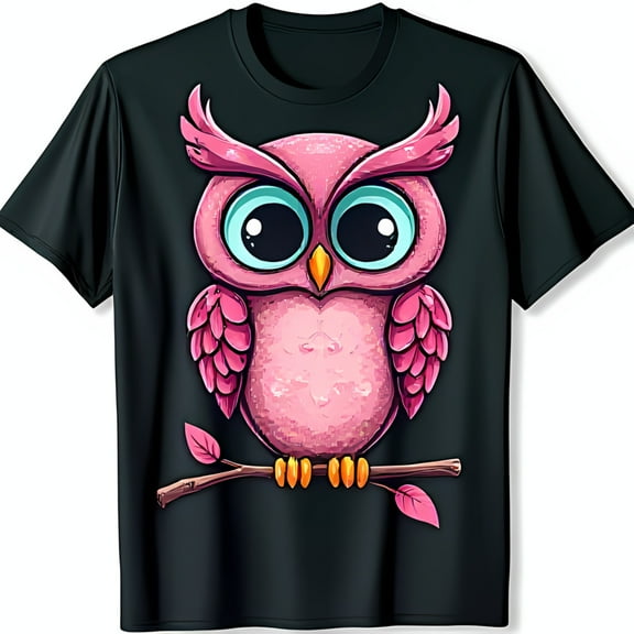 Playful Black T-Shirt with Colorful Pink Owl Graphic and Bright Blue Eyes