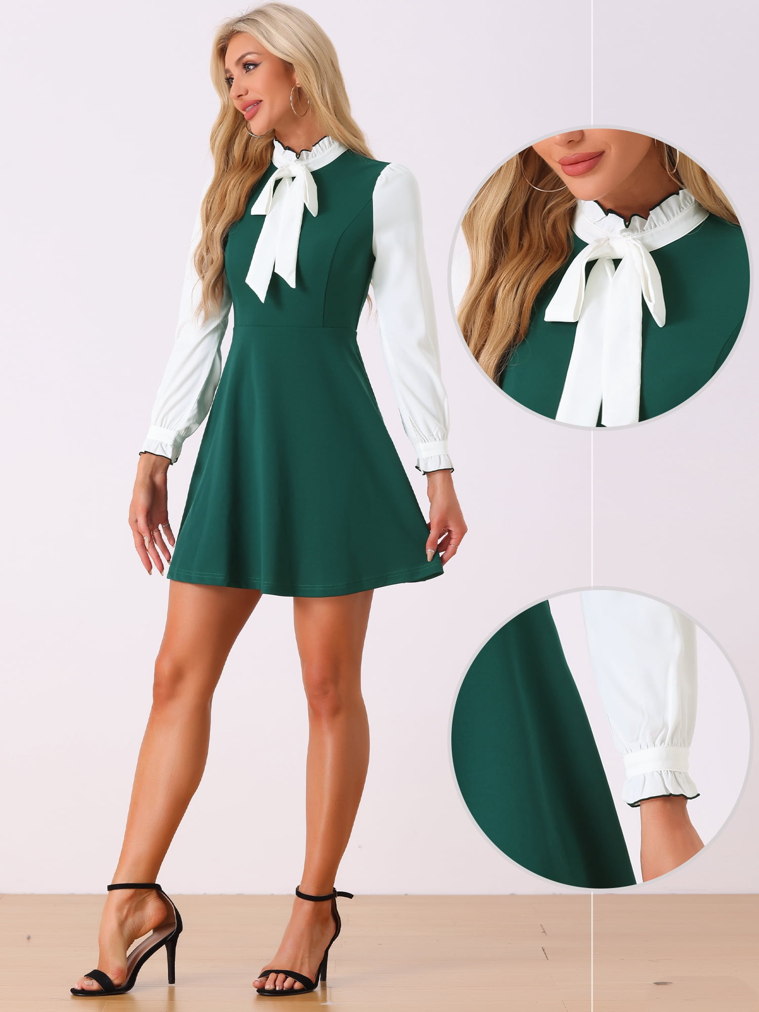 DARING DIVA Contrast Tie Neck Long Sleeve Elegant A-Line Dress XL Dark Green