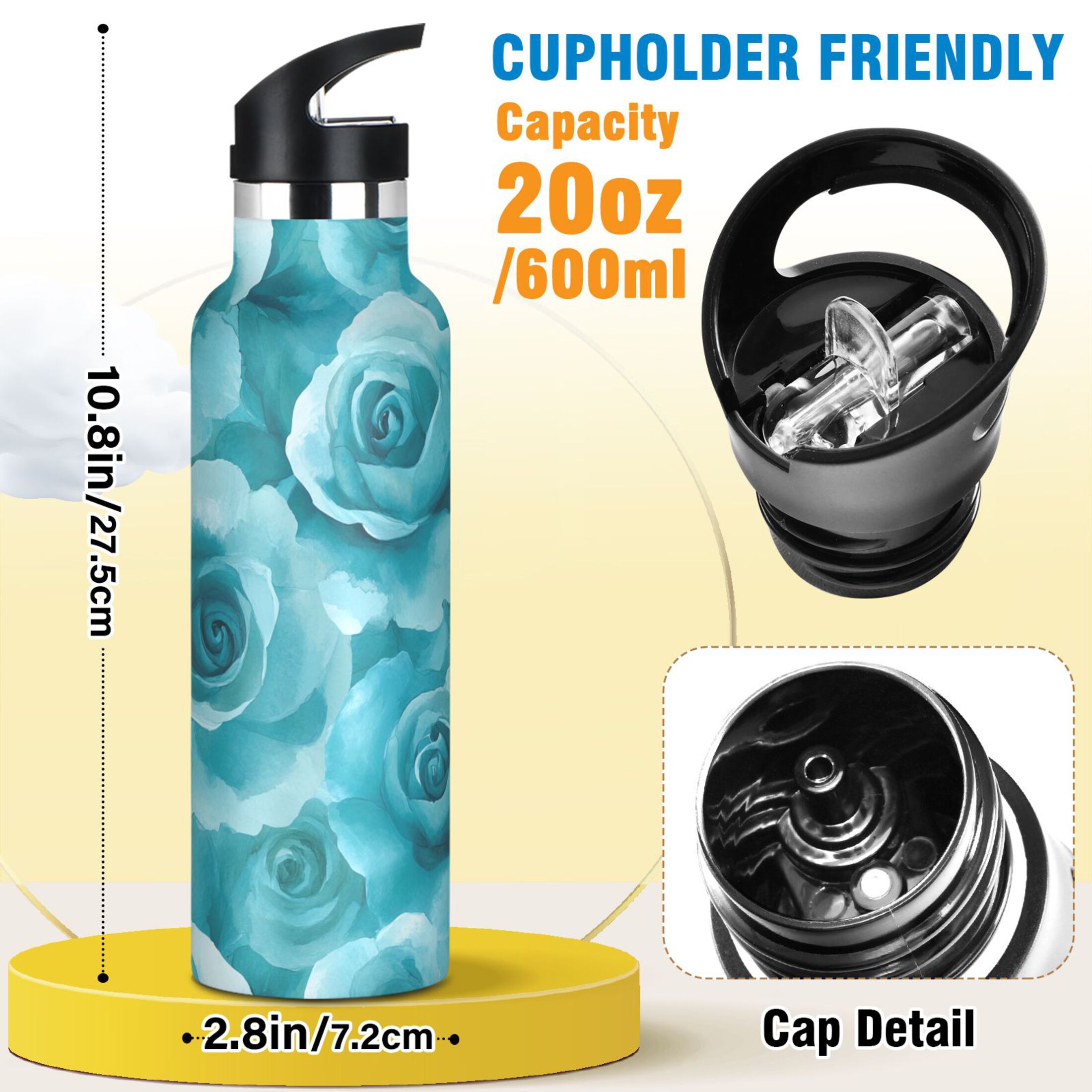 600ML Stainless Steel Insulated Cup Sports Water Bottle Portable Thermos Cup Water Glasses Insulated Tumblers Convenient and Durable Cartoon Navy Roses Seamless