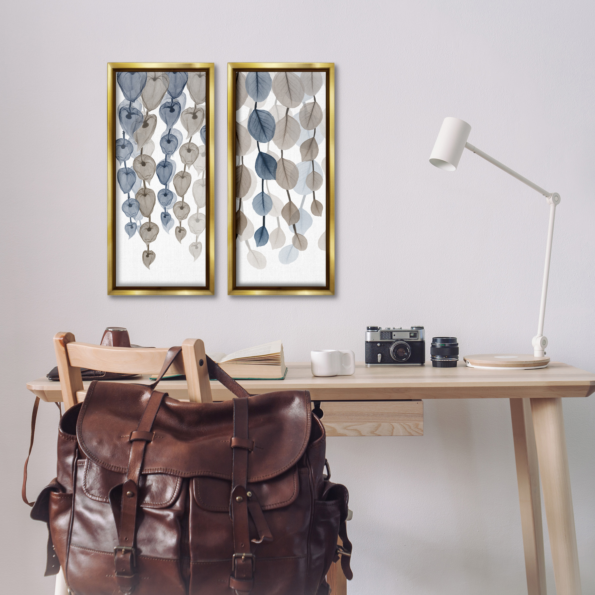 Stupell Industries Neutral Opaque Cascading Leaves Abstract Painting Gold Floater Framed Canvas Art Print Wall Art, 11 x 25, Set of 2