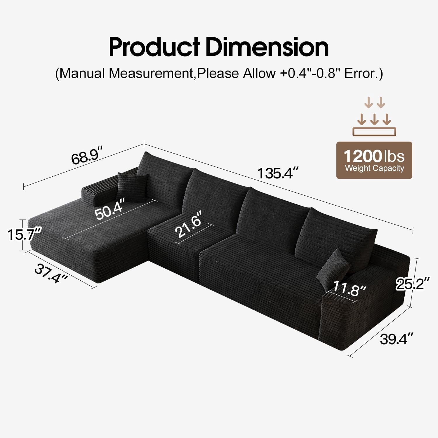 Sailvan 135" Cloud Sectional Couch, Cloudy Sofa with L-Shape Chaise, Upholstered Couches for Living Room & Bedroom, No Assembly Required, Plush Corduroy Fabric, Black