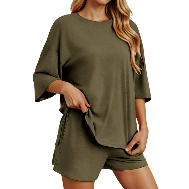 Conjunto deportivo para mujer: camiseta de cuello redondo y pantalones cortos deportivos. Poliéster transpirable. Lavable a máquina. Primavera/verano. XS-XXXXL.