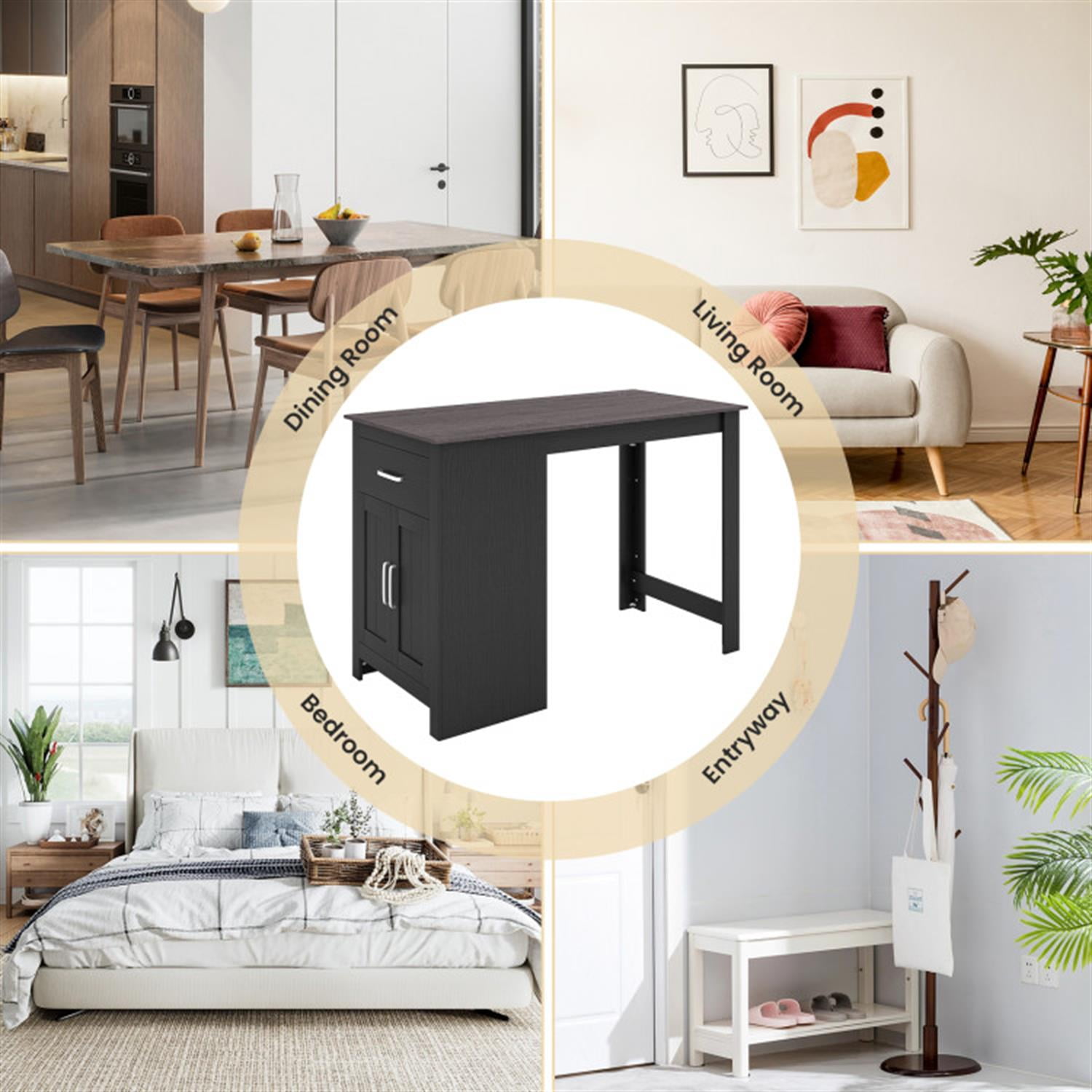 Demi Bonn Counter Height Bar Table with Storage Cabinet and Drawer, Modern Rectangular Dining Table Furniture for Kitchen, Dining Room, Dinette, Breakfast Nook, Black