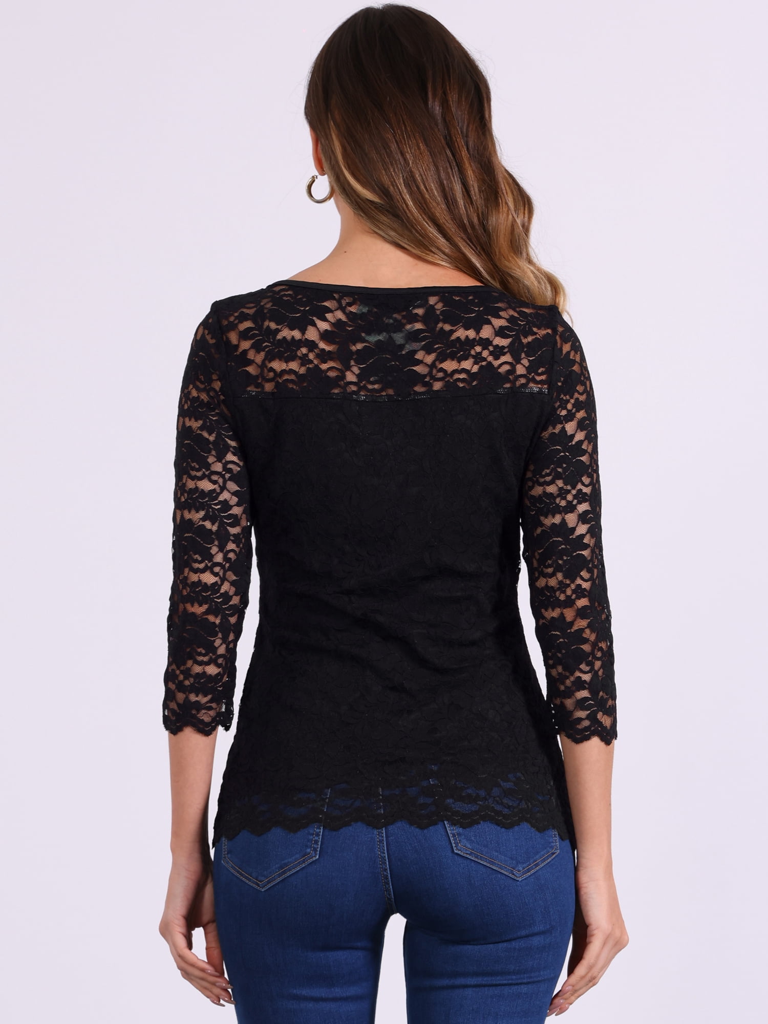 DARING DIVA Women's 3/4 Sleeve Crew Neck Floral Lace Tops M Black