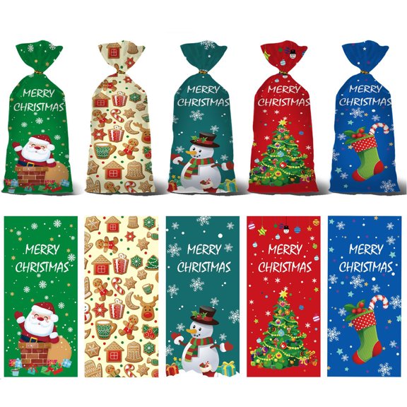 150pack Christmas Treat Bags , 10.6 x 5in Christmas Candy Bags with Twist Ties for Holiday Cookie Goodie Gift Giving