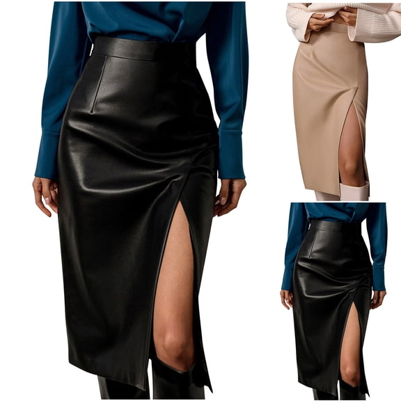 Elainilye Fashion Leather Skirt High Waisted Women Sexy Slim Leather Skirt with Hip Slit,Brown