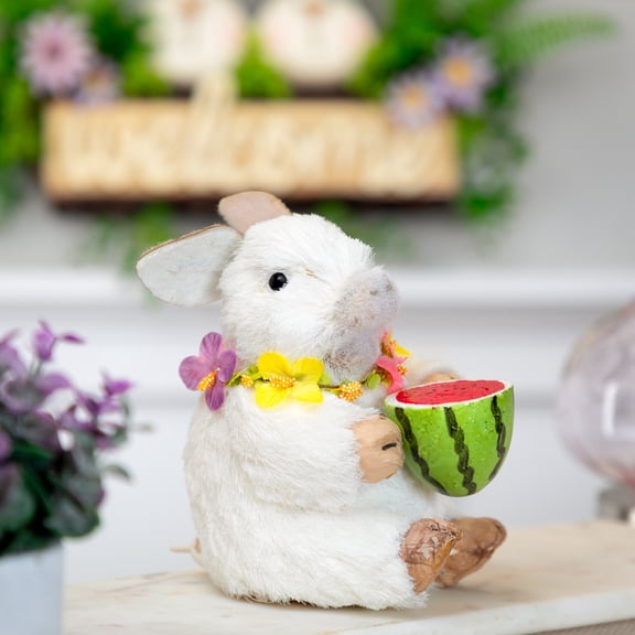 Northlight 6.75" Sisal Piglet with Floral Lei and Watermelon Spring Figure - White