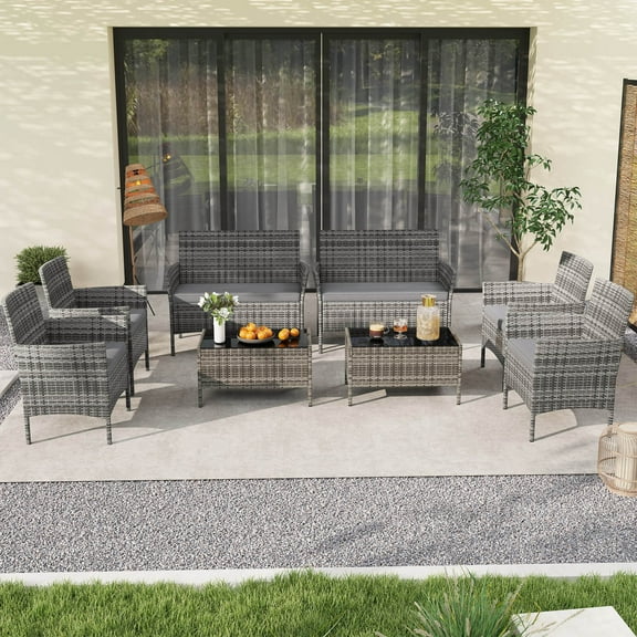 Costway 8 PCS Patio Furniture Set with Washable Cushions and Tempered Glass Coffee Table Gray