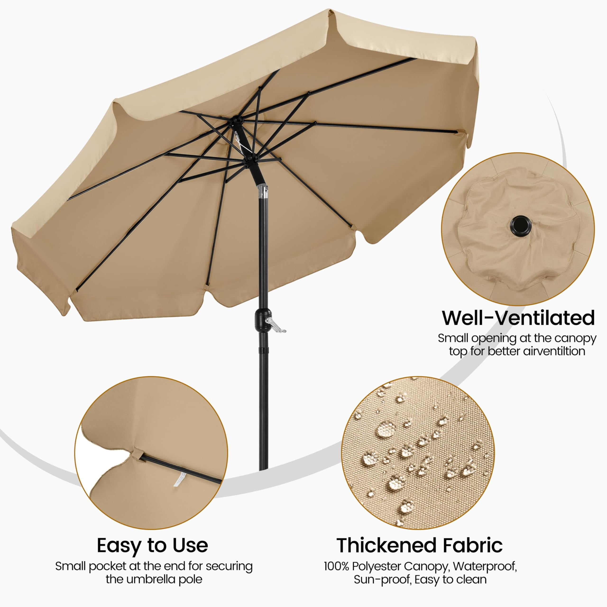 9ft outdoor patio umbrella, 8 ribs market umbrella with push button tilt and crank, durable canopy for garden deck balcony beach pool, brown