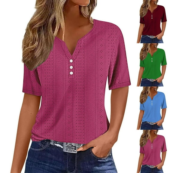 Fanxing Eyelet Tops Womens Elbow Length Sleeve T Shirts Summer Breathable Dressy V Neck Blouses Green,L