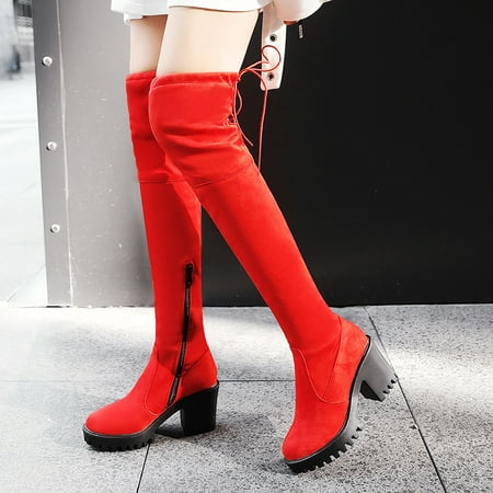 

Bnwani Work Boots For Men Fall Shop High Heel Boots Ziper Thick Suede Over-the-Knee Red Boots
