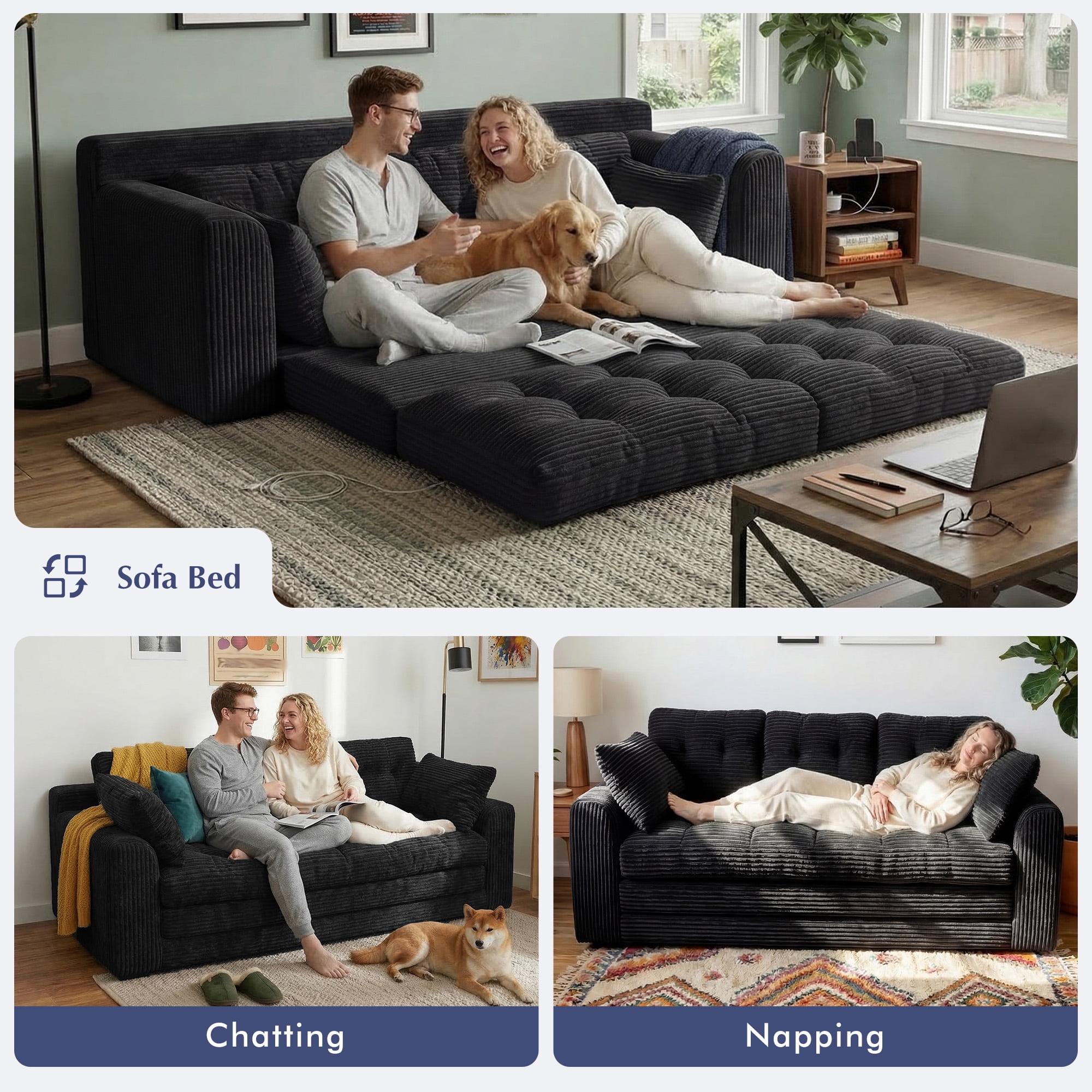 EnHomee 74.8" Foldable Sofa for Adult 3 Seater Sofa Bed Couch with Deep Seat Adjustable Floor Sofa Couch with 5 Pillows,Black