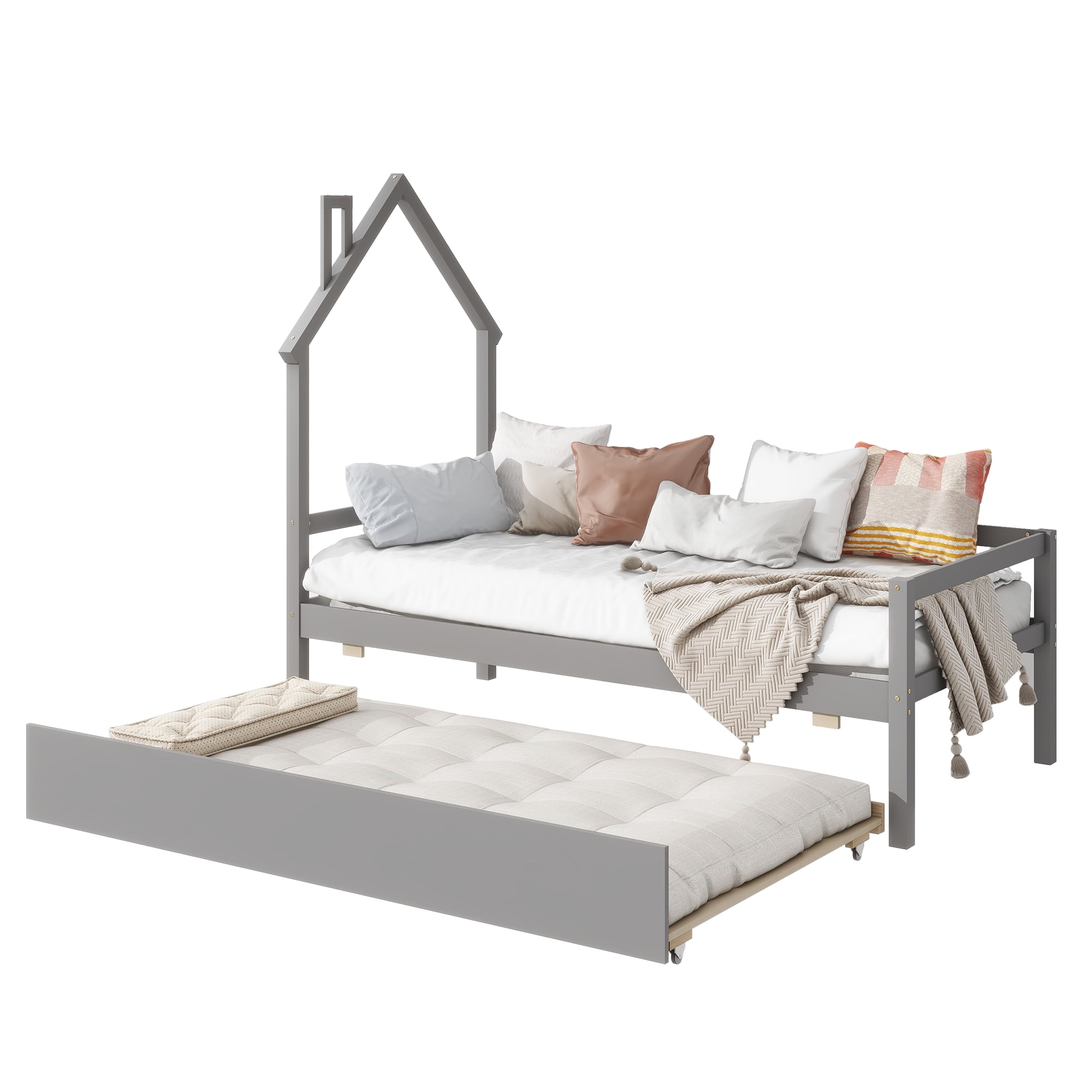 Euroco Wood House Platform Bed with Trundle for Kids Teens Room, Semi-Close House Bed with Roof, Gray