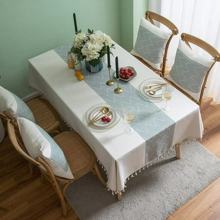 

Rectangle Square Tablecloths Knitted Embroidery Textured Tassel Cotton Linen Decorative Oblong Table Cover for Kitchen Dining Room Picnic (55x87 Inch Green)