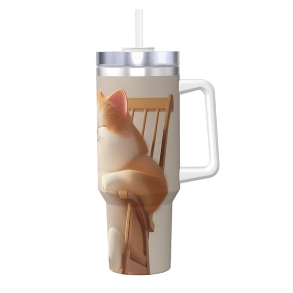 Vsdgher Relaxing Cat With Tea Pattern 40 oz Tumbler with Handle and Straw Lid | Insulated Cup Reusable Stainless Steel Water Bottle Travel Mug | Gifts for Women Men Him Her