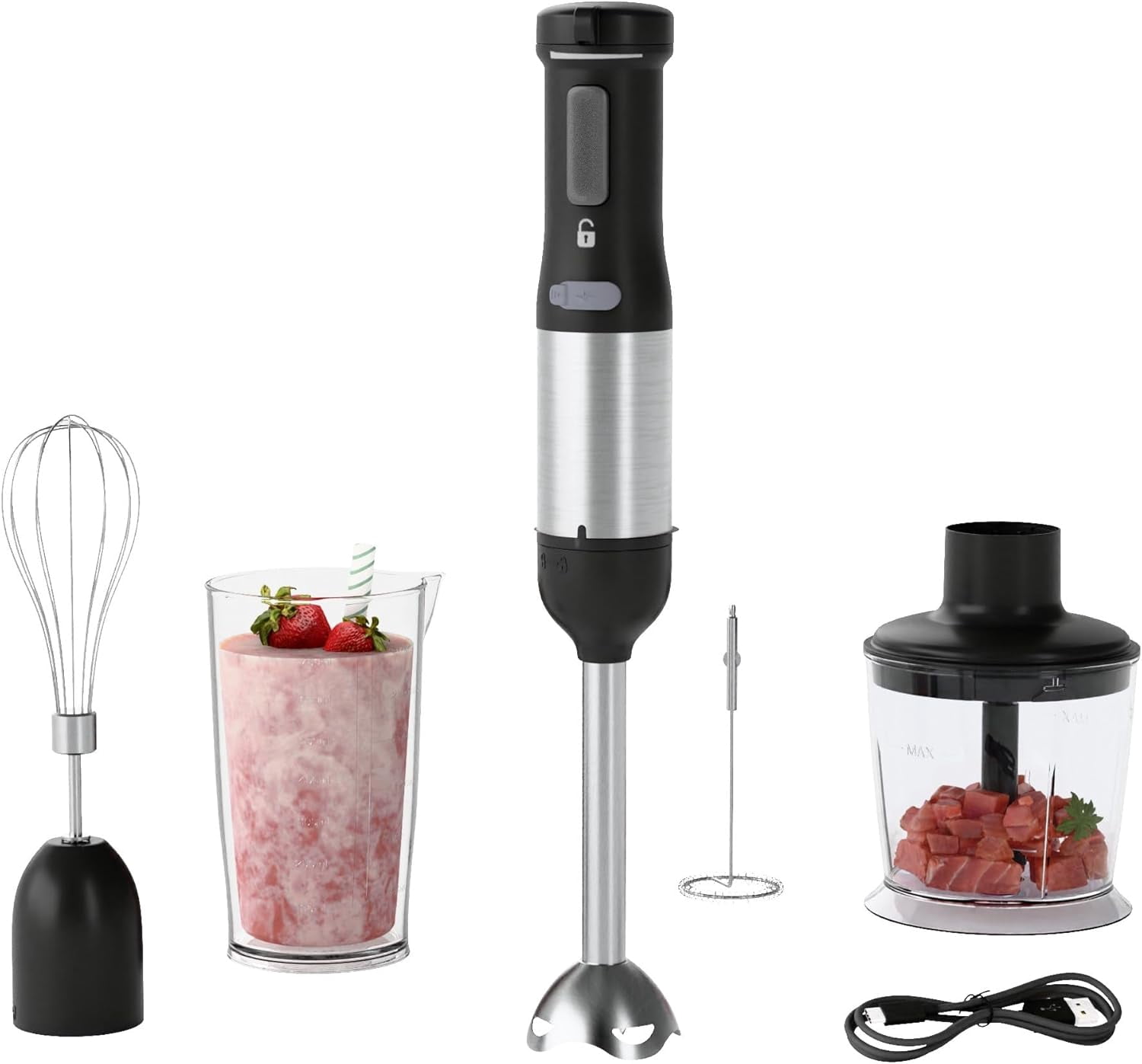 Rechargeable Cordless Hand Blender, 5-in-1 Immersion Blender with 2000mAh Battery, Variable Speed, Beaker, Chopper, Whisk & Frother, Dishwasher-Safe, Black