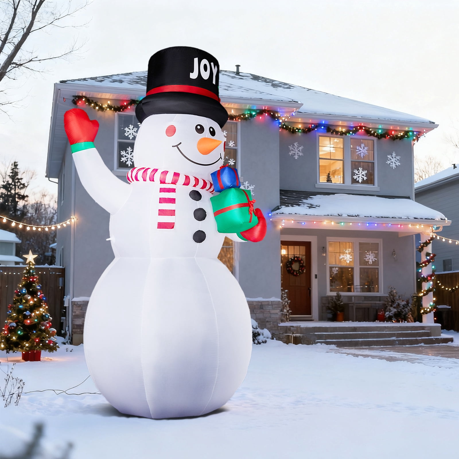 12FT Tall Lighted Christmas Inflatable Decoration, Inflatable Giant Snowman Holding Gift Boxes, Funny Blow Up Yard Decorations with Built-in LED Lights for Holiday Party Front Yard Lawn Garden Decor