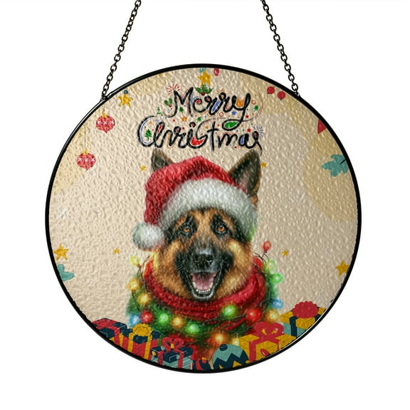 Merry Christmas Santa German Shepherd Scarf Twinkling Lights Xmas Holiday Stained Glass Suncatcher Alsatian Dog Lover Gifts Window Hanging Sign Decor - 00022