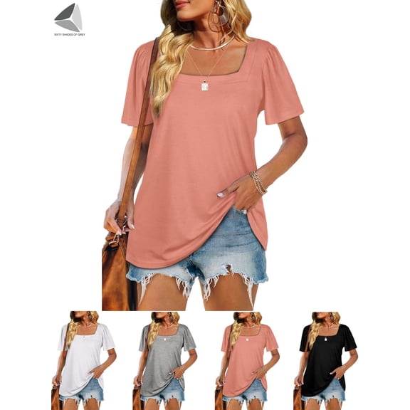 PULLIMORE Women Summer Square Neck T Shirts Short Sleeve Puff Sleeve Casual Loose Tops (2XL, Pink)