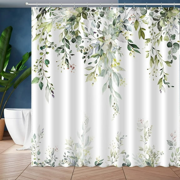Sage Green Eucalyptus Leaves Shower Curtain, Aesthetic Art Watercolor Plant Floral Leaf Bathroom Decor, Waterproof Fabric Shower Curtain Set with Hooks 72x72 Inches