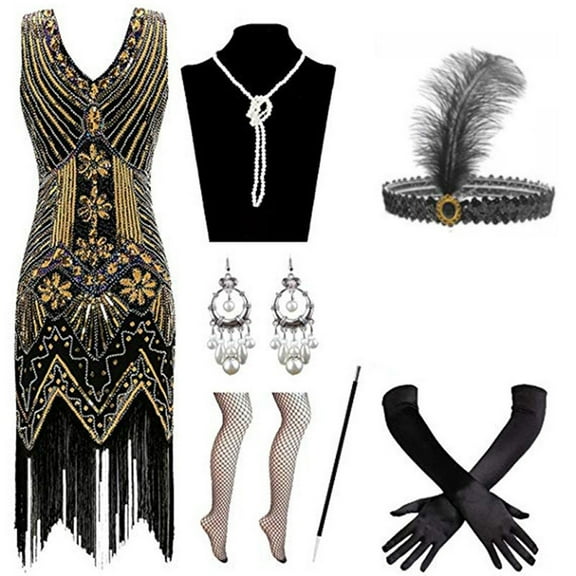 20s Flapper Gatsby Sequin Beaded Evening Cocktail Dress with Accessories Set