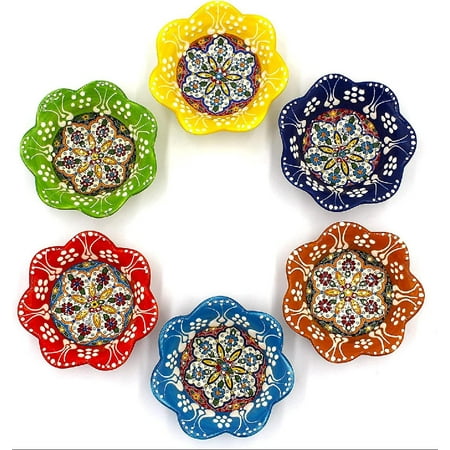 

6 Pcs Cute Handcrafted Daisy Shaped Design Turkish Ceramic Snack Bowls (3.15 - 8cm) 2.5 oz - Handcrafted Pinch Multicolor Finger Small Serving Bowls - Boxed Best Gift Idea