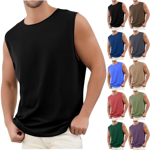 Goodtrade8 Summer T-Shirts for Men Breathable Athletic Tank Tops Crewneck Sleeveless Casual Solid Color Work T-Shirts for Men