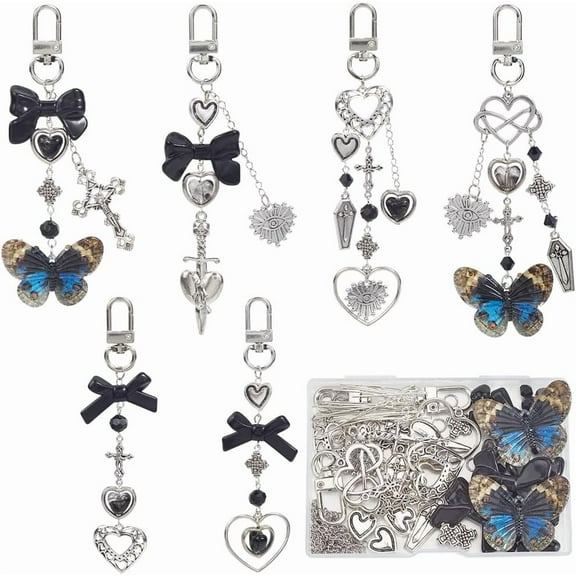 1 Box DIY 6 Sets Keychain Making Kits Gothic Keychains Halloween Coffin Skeleton Heart Butterfly Charm Cross Charms Black Spacer Beads for Jewelry Making Kits Adult DIY Craft Supplies