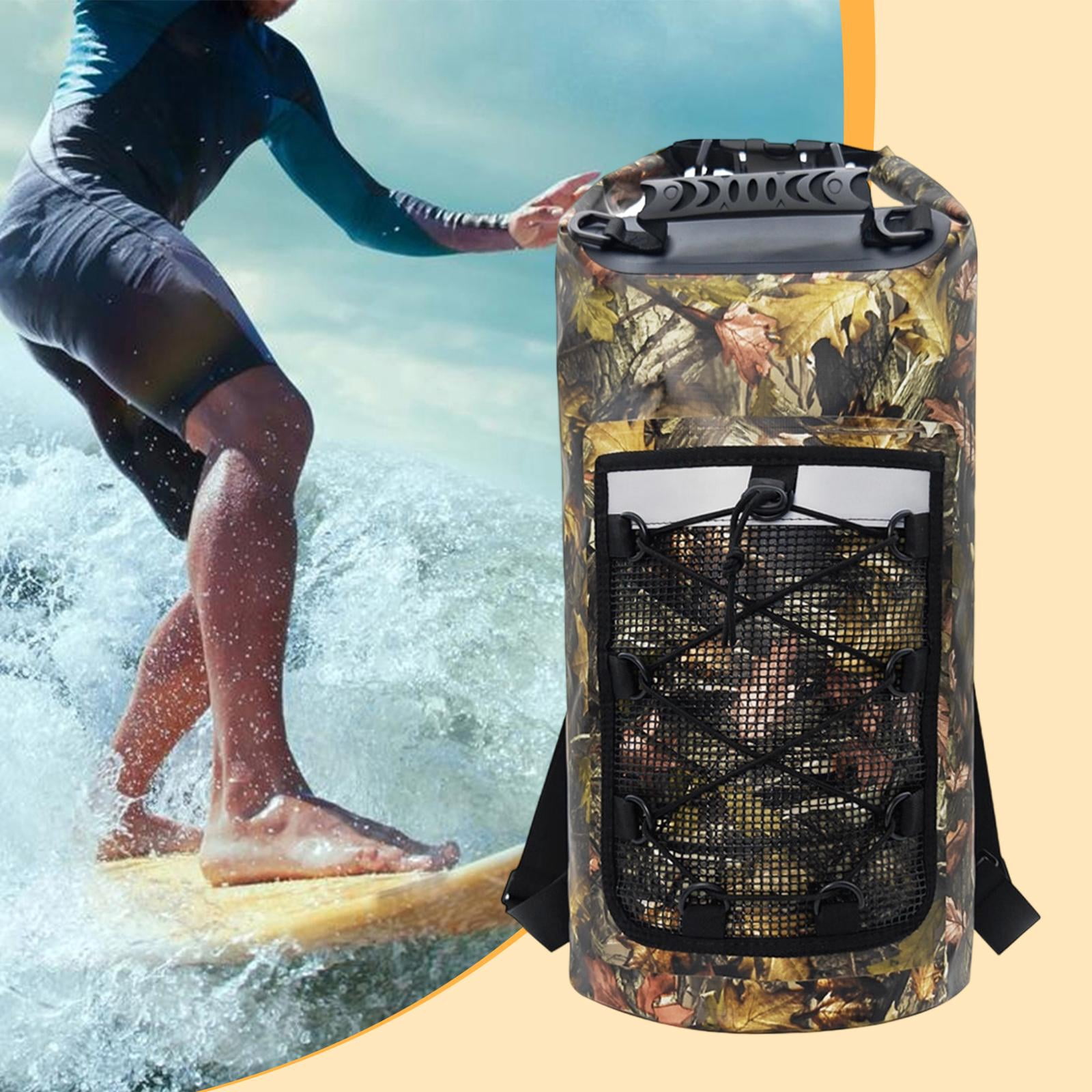 Dualoai Waterproof Dry Bag Multifunctional with Mesh Pocket Men Women Comfortable Floating Backpack Storage Bag for Swimming Kayaking Leaves Pattern