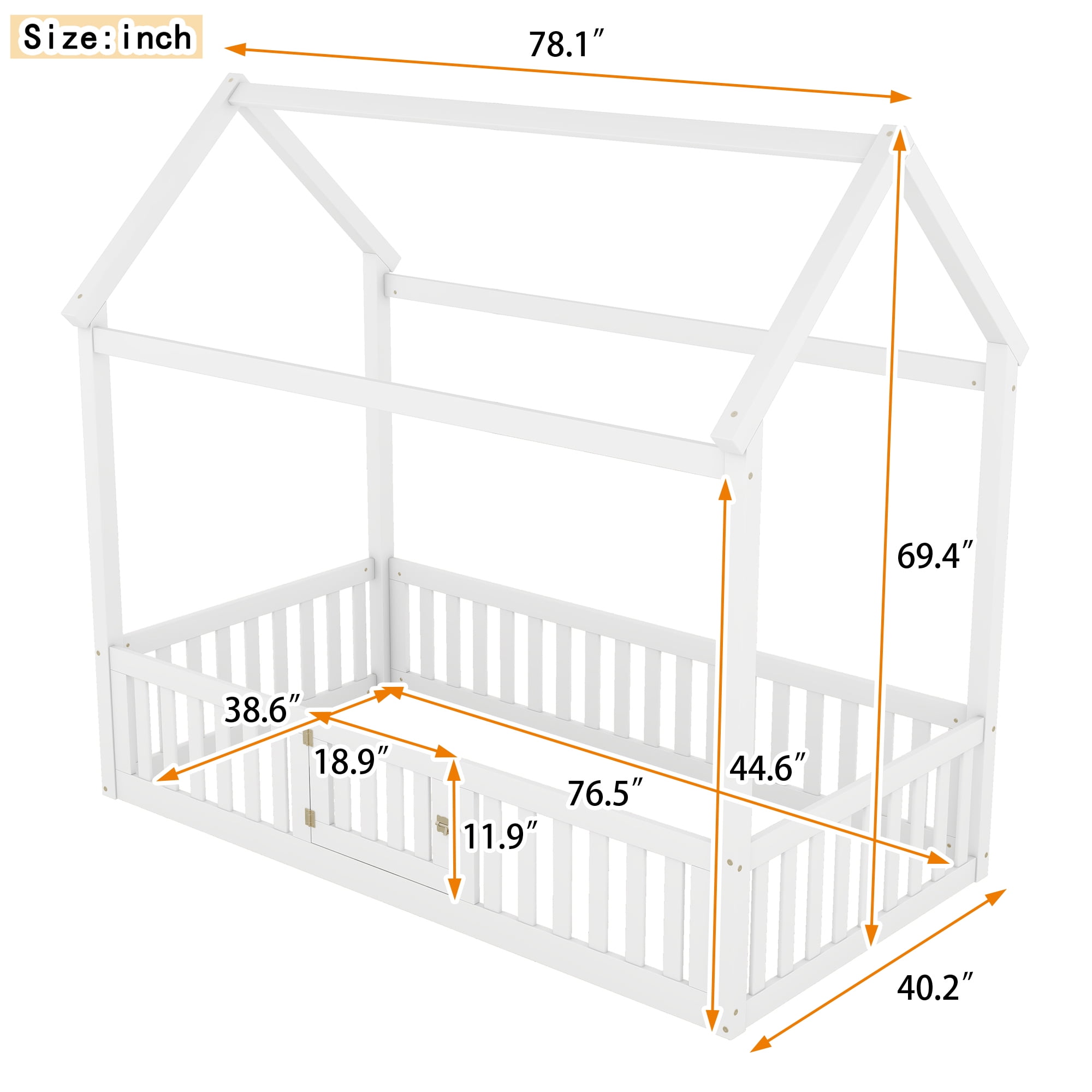 Euroco Twin Size Low House Bed with Fence and Door, White