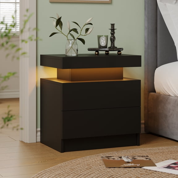 Cubehom Nightstand LED End Side with 2 Drawers Table Modern Wood Bedside Table for Adults Bedroom Living Room Black