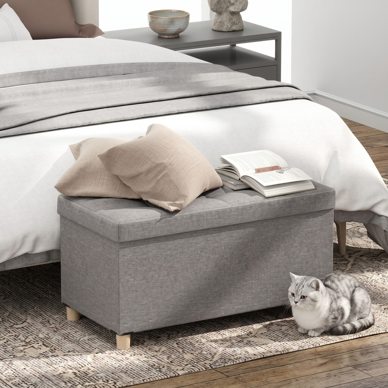 Furnibear 30 Inch Linen Storage Ottoman Bench with Flip Lid Tray and Rubber Wood Legs for Living Room, Bedroom and Entryway Foot Rest, Gray