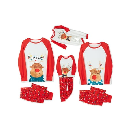 

Peyakidsaa Family Matching Christmas Pajamas Set Long Sleeve Round Neck Elk Print Tops Trousers for Adults Kids Baby
