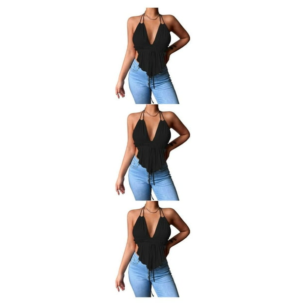 Sonducket Chaleco Casual Correa de espagueti Camisola Estética Sin mangas Crop Top Verano Fiesta de luna de miel Ropa de moda Negro L Negro L 3piezas Sonducket CBP228823
