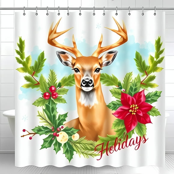 Majestic Deer Shower Curtain with Christmas Wreath Festive Holiday Decor for Bathroom