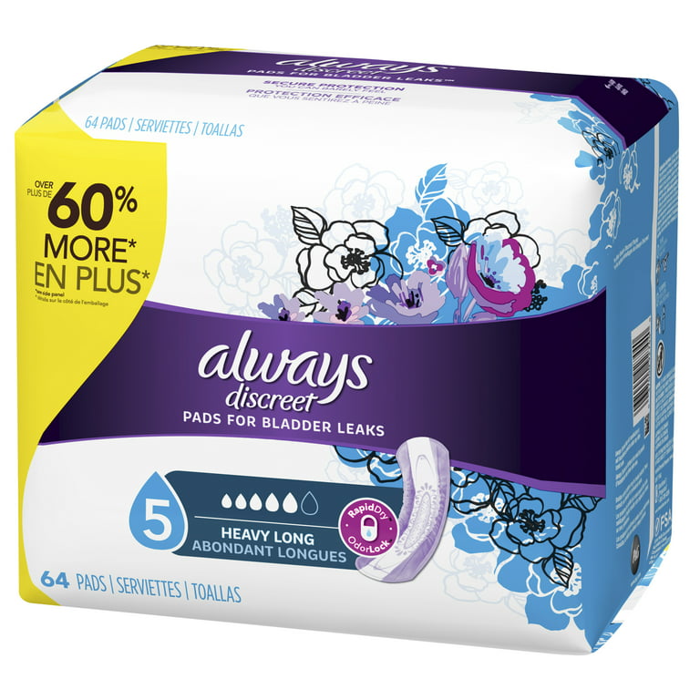 Always Discreet Incontinence Pads, Heavy Absorbency, Long Length, 64 CT