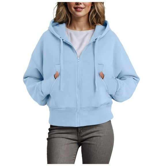 zaveiop Women's Modal Soft Full-Zip Cropped Hoodies with Pockets Long Sleeve Crop Casual Sweatshirts (Blue, L)
