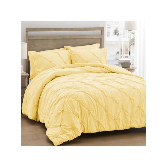 Queen Comforter Set Yellow Lightweight Soft Pintuck Down Alternative Bedding Set For Autumn All Seasons 3 Pieces Pinch Pleat Solid Bed Set With Comforter 2 Pillowcases
