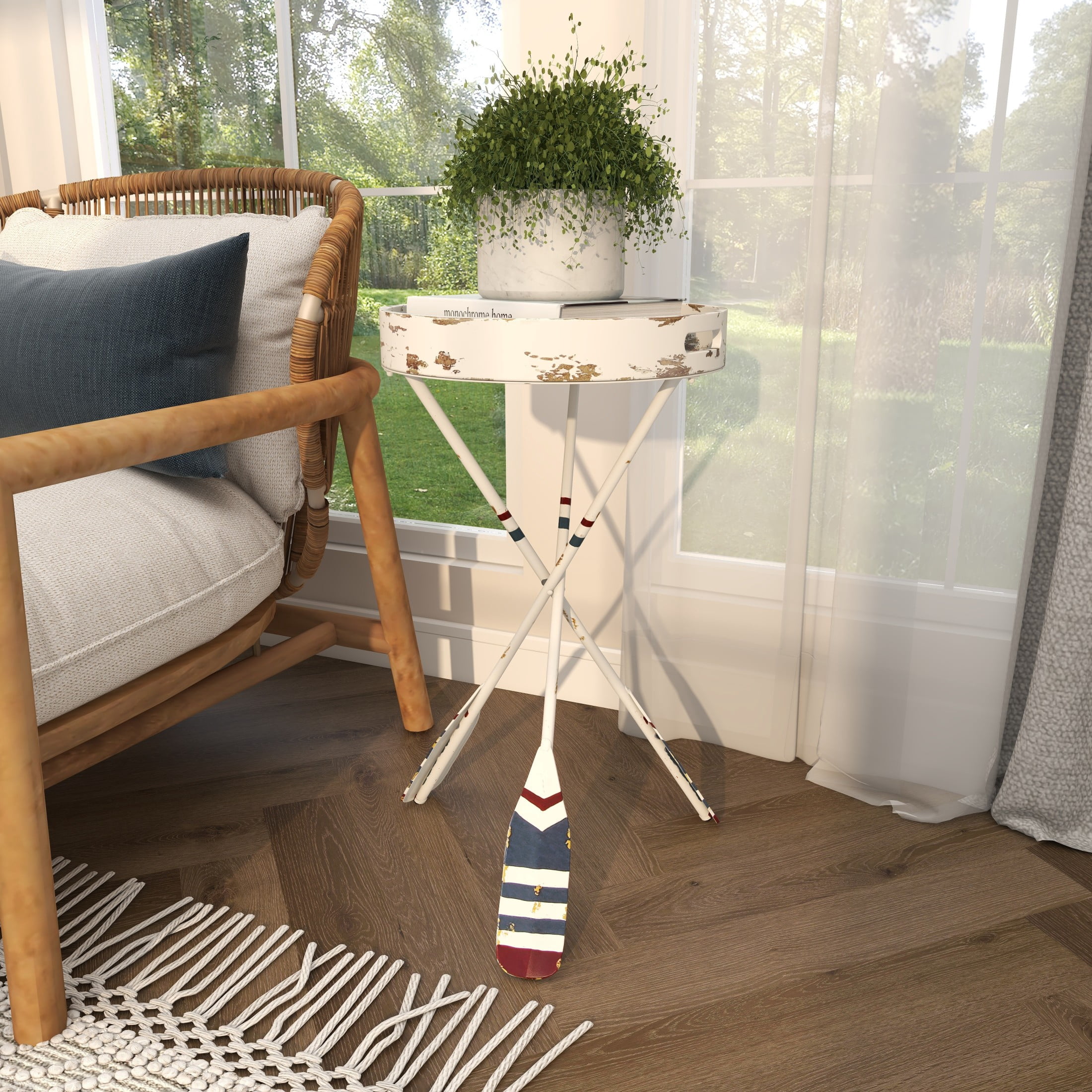DecMode 16" x 28" White Metal Distressed Striped Paddle Accent Table with Navy and Red Striped Oar Legs, 1-Piece