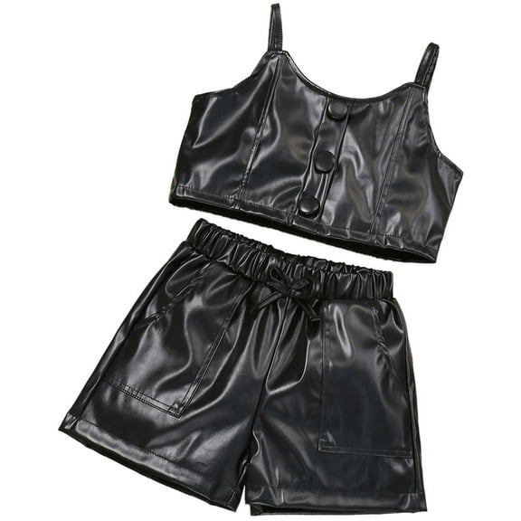 Mercatoo Toddler Baby Girl Faux Leather Outfits Strap Crop Tops Leather Shorts Set Little Girls Fashion Christmas Dress Baby