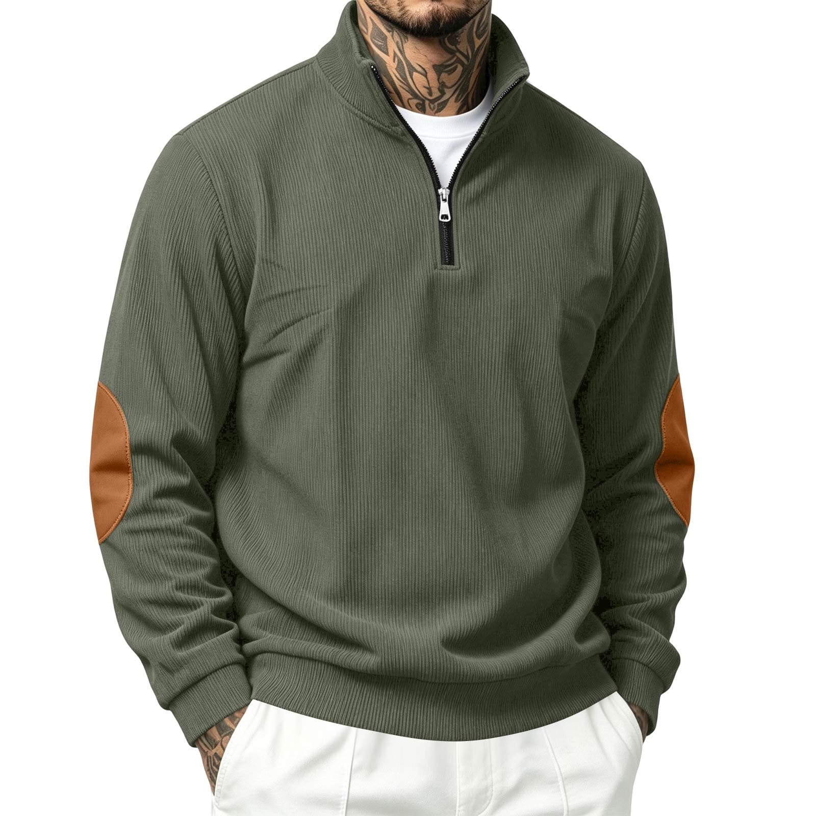 Men s Quarter Zip Sweatshirt Collared Long Sleeve Ribbed Warm Cozy Soft Touch Pullover Basic Top for Fall Winter Everyday Wear and Weekend Outings Army Green S