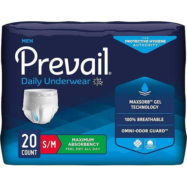 Prevail Dri-Fit Maximum Absorbency Men’s Incontinence Underwear, Small/Medium Trial Pack, 20-Count, White