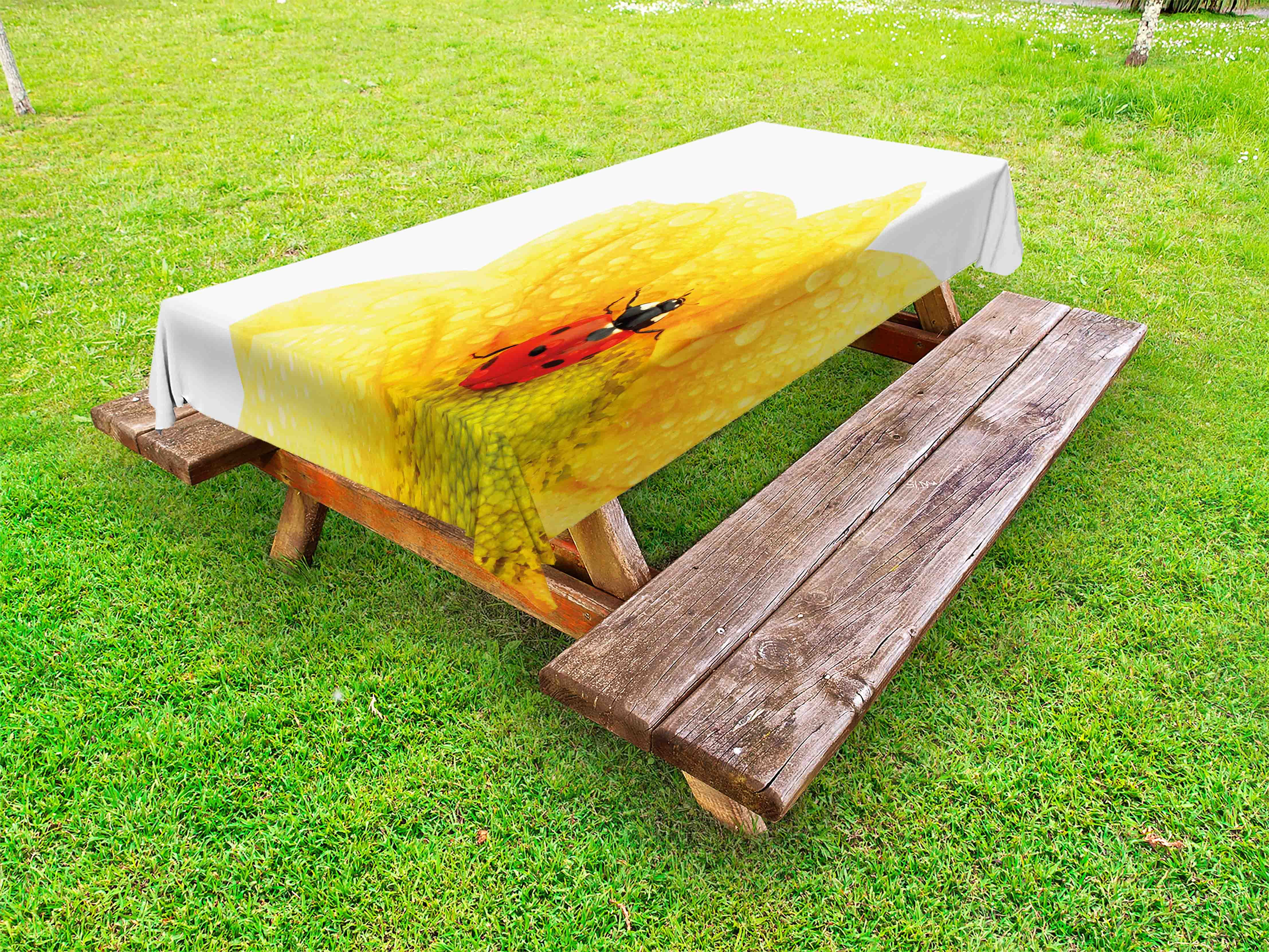 Yellow Flower Outdoor Tablecloth, Cute Little Ladybug on Gerbera Wet Petals Water Drops Fresh