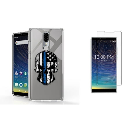 BC AquaFlex Series Compatible with Coolpad Legacy (2019) Case Full Body Bundle: Slim Reinforced Shockproof TPU Cover (Thin Blue Line USA Skull), Tempered Glass Screen Protector and Atom