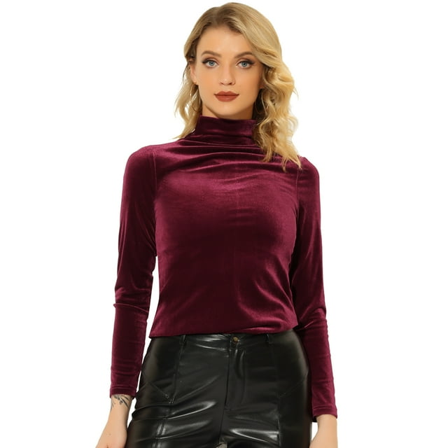 INSPIRE CHIC Chemise à Manches Longues pour Femme Col Montant en Velours Extensible Col Roulé Blouse Basique Hauts Bourgogne TG