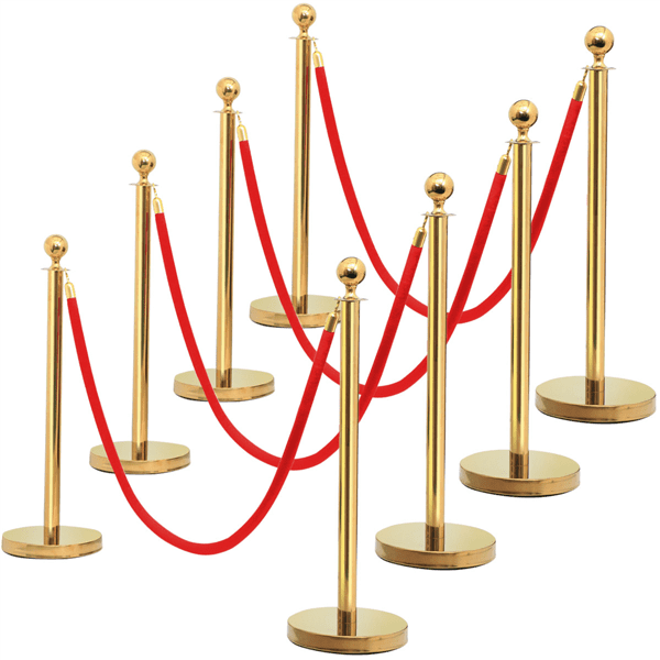 4 Stanchion Posts Crowd Control Line Queue Pole Barrier Fancy Gold Velvet Rope 