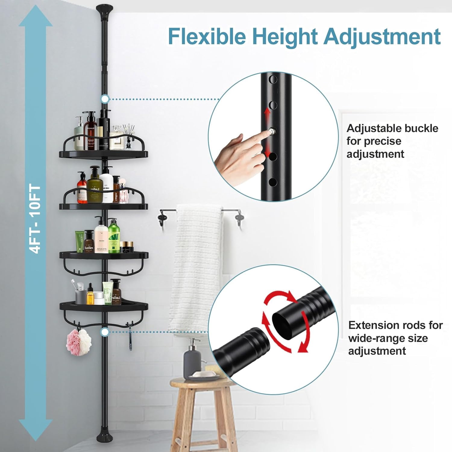 Shower Caddy Corner, No Drilling Rustproof Bathtub Shower Storage Organizer for Bathroom,4-Tier Adjustable Shelves with Tension Pole, Black