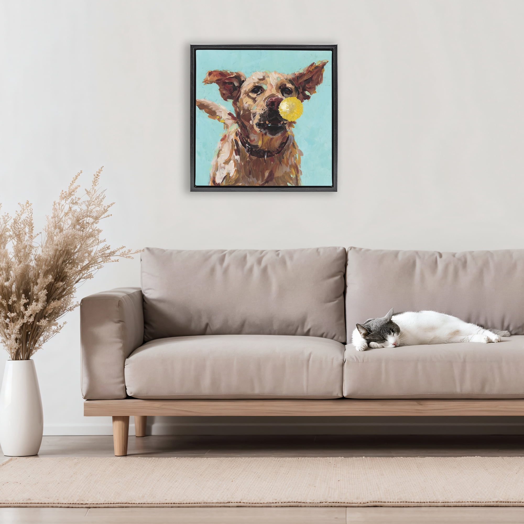Dog Playing with Ball Black Framed Floater Canvas Wall Art, design by Studio Bautista