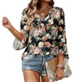 thumbnail image 6 of Delconic Womens V Neck Three Quarter Sleeve Floral Print Casual Loose Fit T Shirt Top Lightweight Soft Fabric Blouse for Daily Wear Office Travel Khaki 3XL, 6 of 7