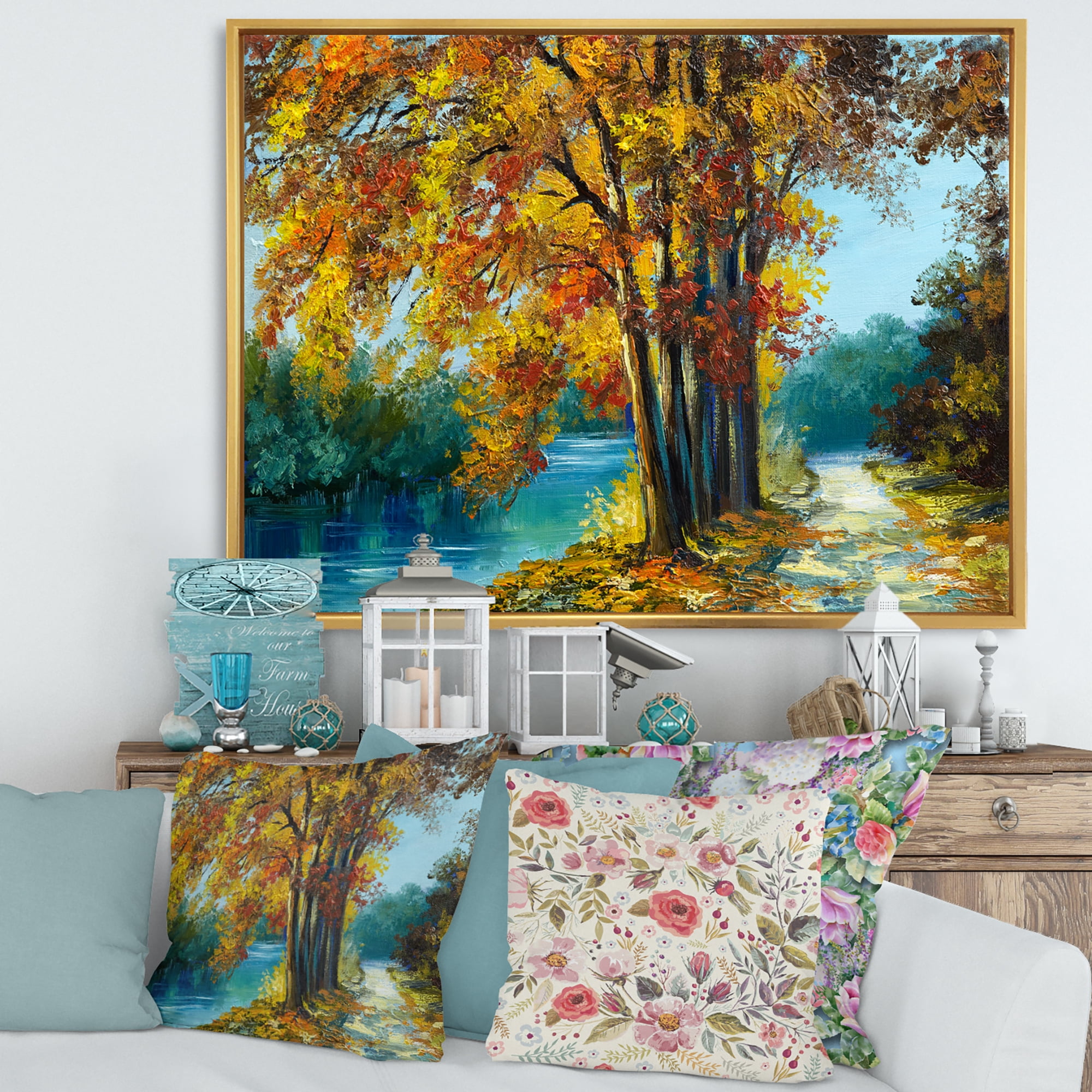 Abstract Trees In Warm Autumn Colors By Bright Blue River 32 in x 24 in Framed Painting Canvas Art Print, by Designart